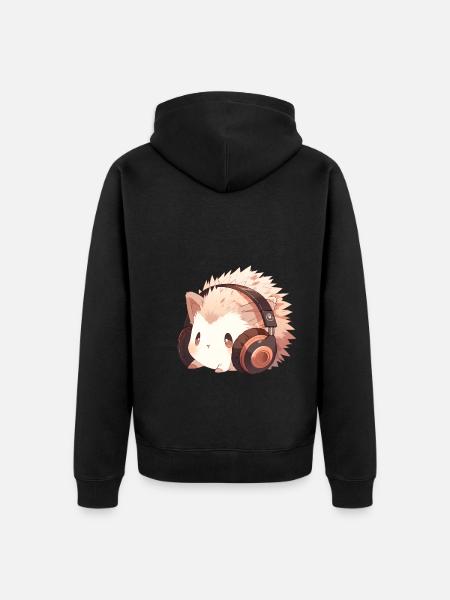 Cute hedgehog with headphones - Unisex Premium Organic Zip Hoodie - black