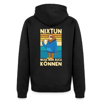 Nixtun Muss Man Auch Können Faultier Morgenmuffel - Unisex Premium Bio Zip Hoodie - Schwarz - Hinten - Nico (187cm)