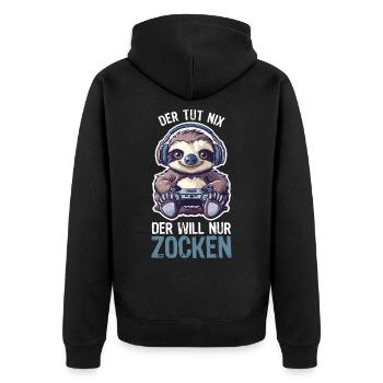 Gamer Faultier Der tut nix der will nur zocken - Unisex Premium Bio Zip Hoodie - Schwarz - Hinten - Nico (187cm)