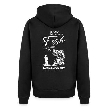 Hey Fish Wanna Hook Up Fishing - Unisex Premium Bio Zip Hoodie - Schwarz - Hinten - Nico (187cm)