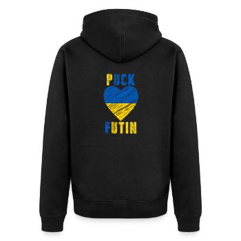 FK Poutine, Puck Futin, Stand avec l’Ukraine, Anti Guerre - Veste à capuche bio Premium Unisexe - noir - Dos - Nico (187cm)