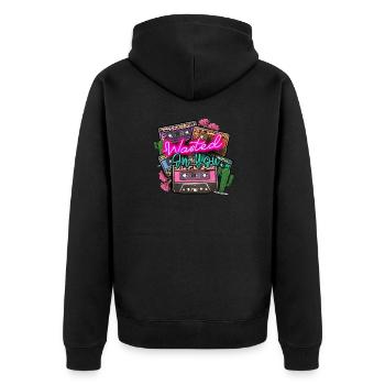 Kassetten retro style - buntes vintage Motiv - Unisex Premium Bio Zip Hoodie - Schwarz - Hinten - Nico (187cm)