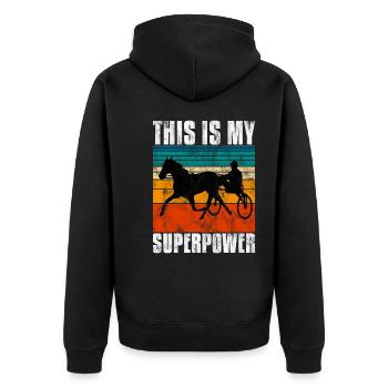This is my Superpower Trabrennen Trabreiter Sulky - Unisex Premium Bio Zip Hoodie - Schwarz - Hinten - Nico (187cm)