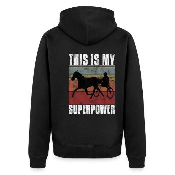 This is my Superpower Trabrennen Trabreiter Sulky - Unisex Premium Bio Zip Hoodie - Schwarz - Hinten - Nico (187cm)