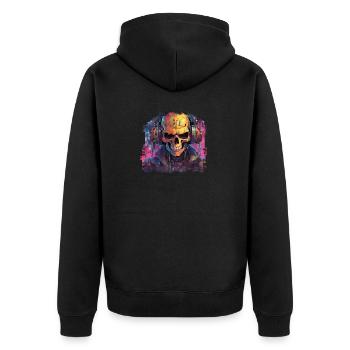 PixelPulse Cortex // Cyberpunk Skull - Unisex Premium Bio Zip Hoodie - Schwarz - Hinten - Nico (187cm)