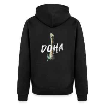 Sheikh Khalifa Stadion, Doha - Unisex Premium Bio Zip Hoodie - Schwarz - Hinten - Nico (187cm)