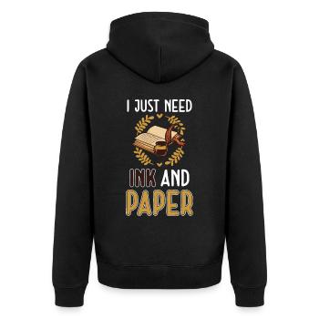 Ich brauche nur Tinte und Papier - Writers Author - Unisex Premium Bio Zip Hoodie - Schwarz - Hinten - Nico (187cm)