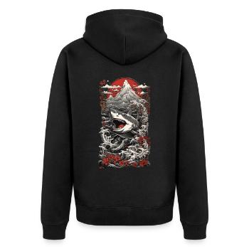 Ukiyo-E Haifisch Japanische Wellen Kunst Meer Hai - Unisex Premium Bio Zip Hoodie - Schwarz - Hinten - Nico (187cm)