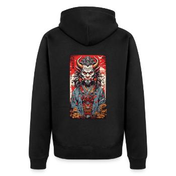 Retro Oni Anime Design Vintage Streetwear Stil - Unisex Premium Bio Zip Hoodie - Schwarz - Hinten - Nico (187cm)
