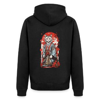 Samurai Katze Japanische Ukiyo-E Katzen Kunst - Unisex Premium Bio Zip Hoodie - Schwarz - Hinten - Nico (187cm)