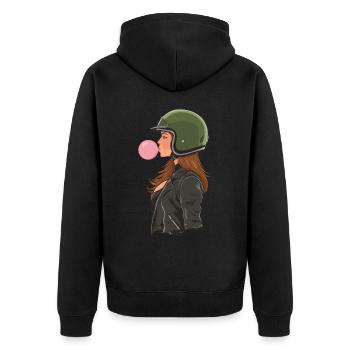 Coole Motorradfahrerin Bikerin kaut Kaugummi - Unisex Premium Bio Zip Hoodie - Schwarz - Hinten - Nico (187cm)