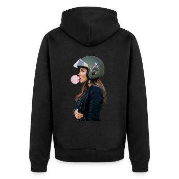 Coole Motorradfahrerin Bikerin kaut Kaugummi - Unisex Premium Bio Zip Hoodie - Schwarz - Hinten - Nico (187cm)
