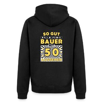 So gut kann nur ein Bauer mit 50 aussehen - Unisex Premium Bio Zip Hoodie - Schwarz - Hinten - Nico (187cm)