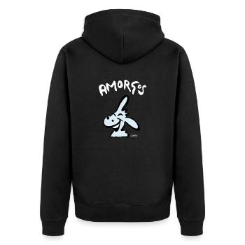 by BOLEO 2023 AMORGOS DONKEY SOSO neg - Unisex Premium Bio Zip Hoodie - Schwarz - Hinten - Nico (187cm)