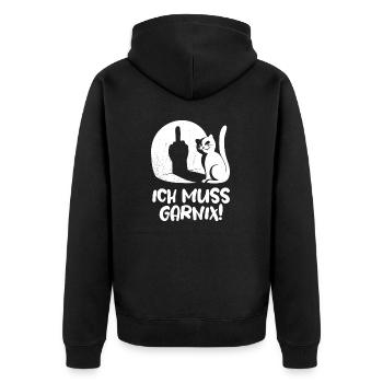 Ich muss garnix Fuck you Katze Mittelfinger Spruch - Unisex Premium Bio Zip Hoodie - Schwarz - Hinten - Nico (187cm)