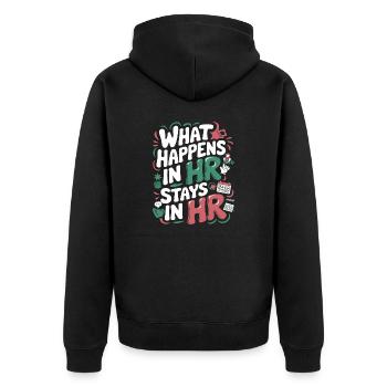 HR secrets stay between us - Unisex Premium Organic Zip Hoodie - black - Back - Nico (187cm)