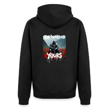 THE WORLD IS YOURS x FALLEN KNIGHT - Unisex Premium Bio Zip Hoodie - Schwarz - Hinten - Nico (187cm)