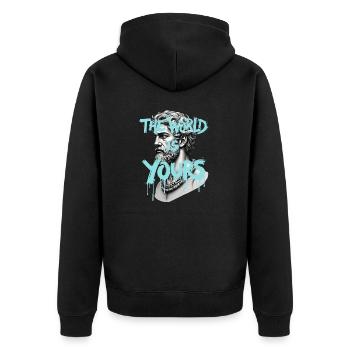 THE WORLD IS YOURS x GREEK GOD - Unisex Premium Bio Zip Hoodie - Schwarz - Hinten - Nico (187cm)