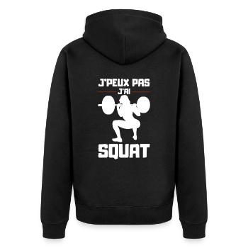 Ich kann nicht in die Hocke gehen - Unisex Premium Bio Zip Hoodie - Schwarz - Hinten - Nico (187cm)