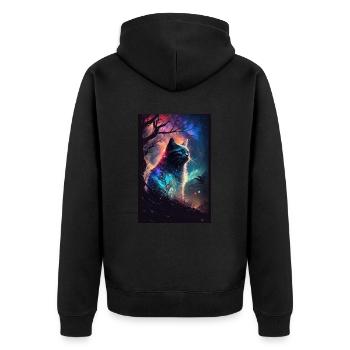 Katze Weltall Sternenhimmel Cosmos Polarlicht - Unisex Premium Bio Zip Hoodie - Schwarz - Hinten - Nico (187cm)