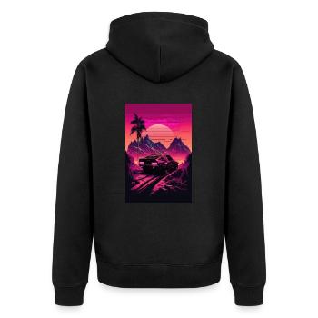 Synthwave Country Car Retro Sun Palms - Unisex Premium Organic Zip Hoodie - black - Back - Nico (187cm)