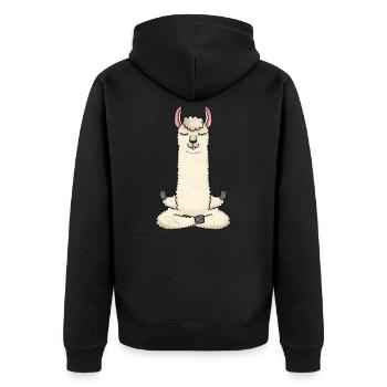 Llama Alpaka Trend Tier Yoga - Unisex Premium Bio Zip Hoodie - Schwarz - Hinten - Nico (187cm)
