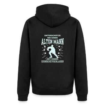 Unterschätze nie einen Mann mit Eishockeyschläger - Unisex Premium Bio Zip Hoodie - Schwarz - Hinten - Nico (187cm)