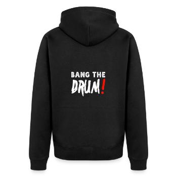 bang the drum (weiß) - Unisex Premium Bio Zip Hoodie - Schwarz - Hinten - Nico (187cm)