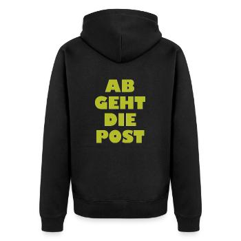 Ab geht die Post - Unisex Premium Bio Zip Hoodie - Schwarz - Hinten - Nico (187cm)