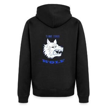 Zähme deinen WOLF - Unisex Premium Bio Zip Hoodie - Schwarz - Hinten - Nico (187cm)