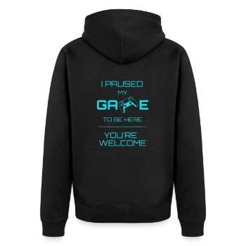 Ich habe mein Spiel pausiert, um hier zu sein - Blau - Unisex Premium Bio Zip Hoodie - Schwarz - Hinten - Nico (187cm)