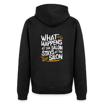 Salon-Geheimnisse bleiben im Salon - Unisex Premium Bio Zip Hoodie - Schwarz - Hinten - Nico (187cm)