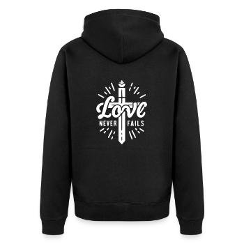 Liebe hört nie auf - Unisex Premium Bio Zip Hoodie - Schwarz - Hinten - Nico (187cm)