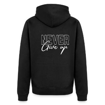 Never give up - Gib niemals auf - Unisex Premium Bio Zip Hoodie - Schwarz - Hinten - Nico (187cm)