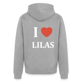 I love Lilas - Veste à capuche bio Premium Unisexe - gris chiné - Dos - Nico (187cm)