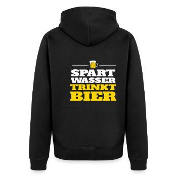 Spart wasser trinkt Bier - Unisex Premium Bio Zip Hoodie - Schwarz - Hinten - Nico (187cm)