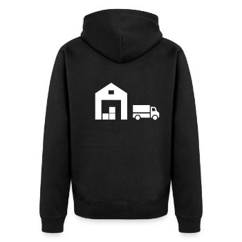 Logistik - Unisex Premium Bio Zip Hoodie - Schwarz - Hinten - Nico (187cm)