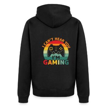Gamergaming, Konsole - Can't hear you I'am Gaming - Unisex Premium Bio Zip Hoodie - Schwarz - Hinten - Nico (187cm)