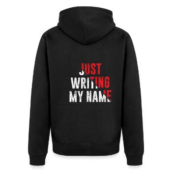 Just Writing my Name Graffiti Spruch - Unisex Premium Bio Zip Hoodie - Schwarz - Hinten - Nico (187cm)
