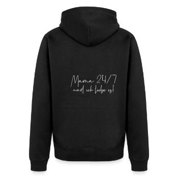 Mama 24 7 und ich liebe es - Unisex Premium Bio Zip Hoodie - Schwarz - Hinten - Nico (187cm)