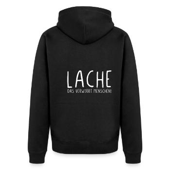 Lache das verwirrt Menschen - Unisex Premium Bio Zip Hoodie - Schwarz - Hinten - Nico (187cm)