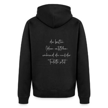 Die besten Ideen entstehen auf der Toilette - Unisex Premium Bio Zip Hoodie - Schwarz - Hinten - Nico (187cm)