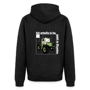 Ich arbeite in Hektar - Lohnarbeit Bauer MB Trac - Unisex Premium Bio Zip Hoodie - Schwarz - Hinten - Nico (187cm)