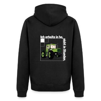 Ich arbeite in Hektar - Lohnarbeit Bauer MB Trac - Unisex Premium Bio Zip Hoodie - Schwarz - Hinten - Nico (187cm)
