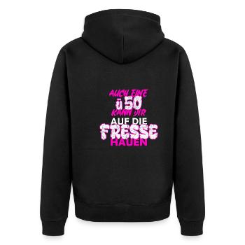 ü50 | Auch eine ü50 kann dir auf die Fresse hauen - Unisex Premium Bio Zip Hoodie - Schwarz - Hinten - Nico (187cm)