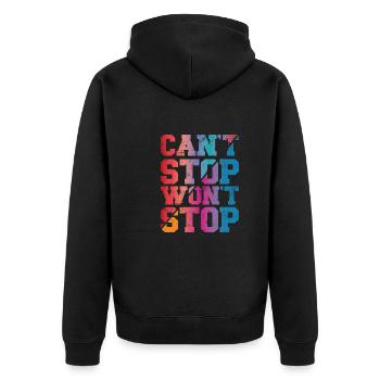 Can't Stop won't Stop - Unisex Premium Bio Zip Hoodie - Schwarz - Hinten - Nico (187cm)