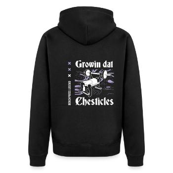 Fitnessstudio Growin Chesticles Benchpress - Unisex Premium Bio Zip Hoodie - Schwarz - Hinten - Nico (187cm)
