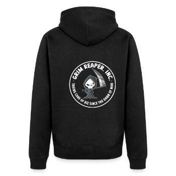 Funny Grim Reaper Inc. Logo, Goth Dark Humor - Unisex Premium Bio Zip Hoodie - Schwarz - Hinten - Nico (187cm)