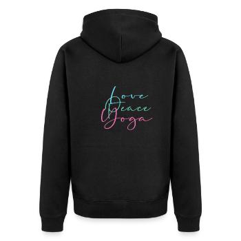 love, peace, yoga,schrift,pastell,bunt - Unisex Premium Bio Zip Hoodie - Schwarz - Hinten - Nico (187cm)