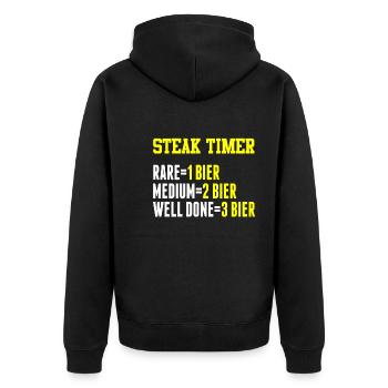Steaktimer Rare 1Bier Medium 2Bier Well Done 3Bier - Unisex Premium Bio Zip Hoodie - Schwarz - Hinten - Nico (187cm)